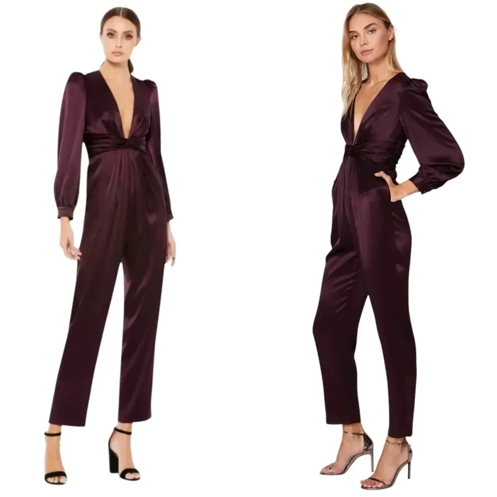 Plum Satin Puff Sleeve Straight Leg Jumpsuit Deep V Formal Evening Sz 2 EUC - Picture 3 of 11